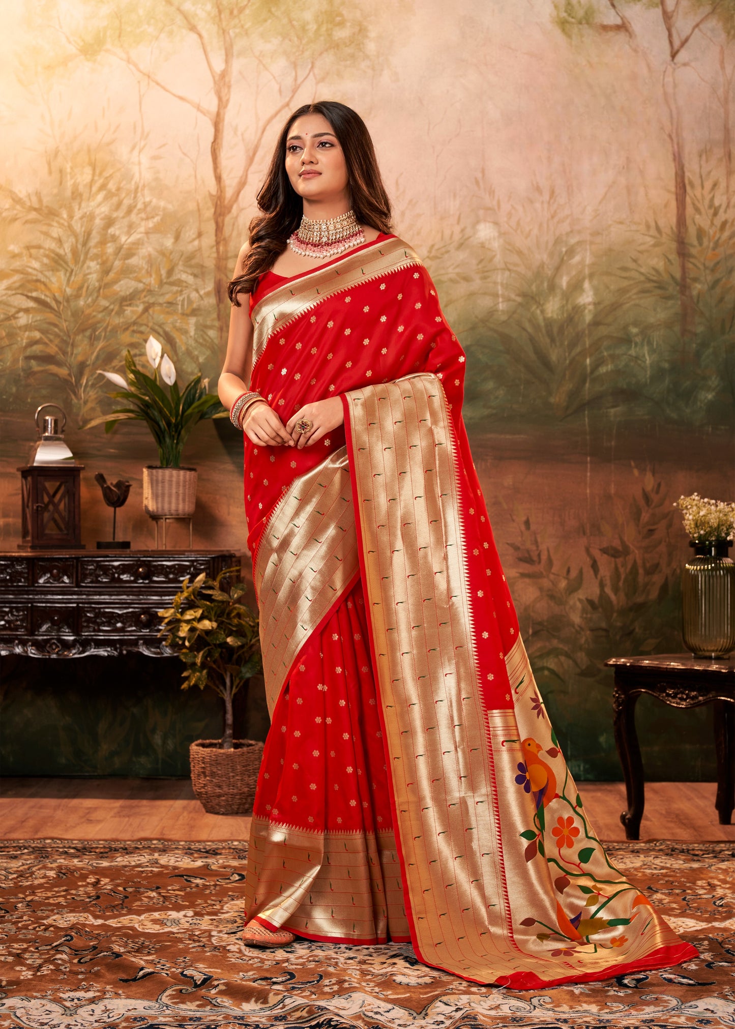Red Designer Zari Weaving Pure Paithani Silk Saree With Blouse