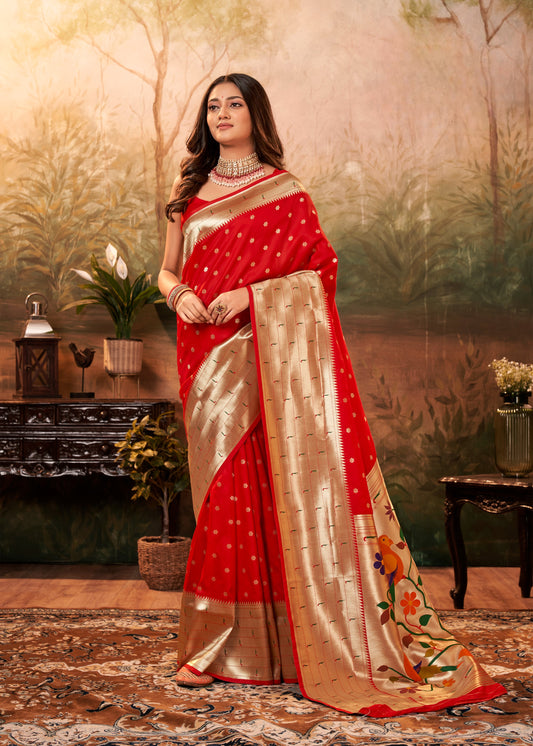 Red Designer Zari Weaving Pure Paithani Silk Saree With Blouse