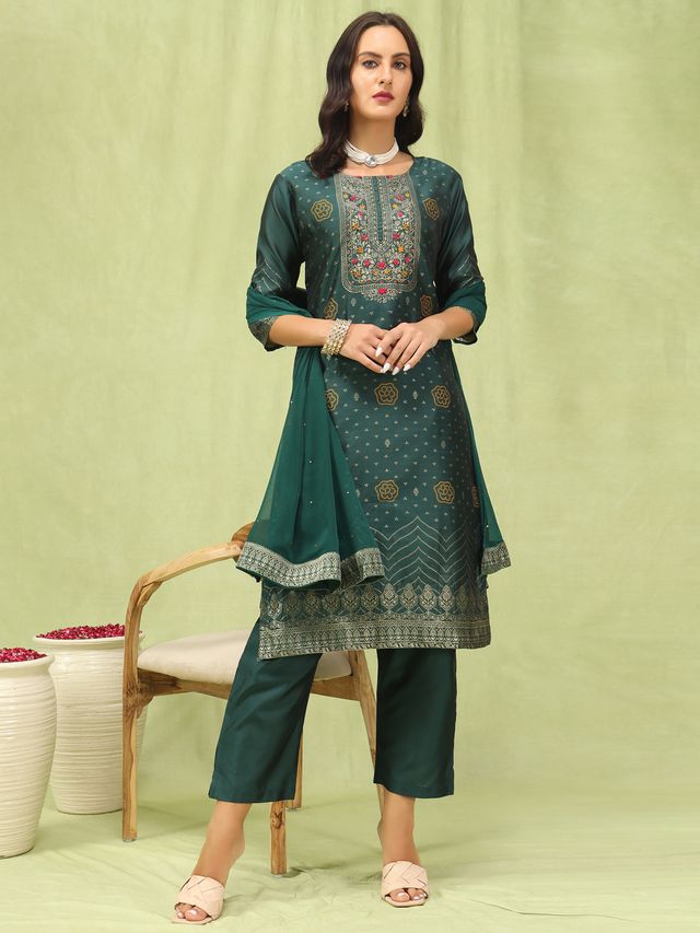 Green Color Silk Blend Fabric Designer Embroidered Suit