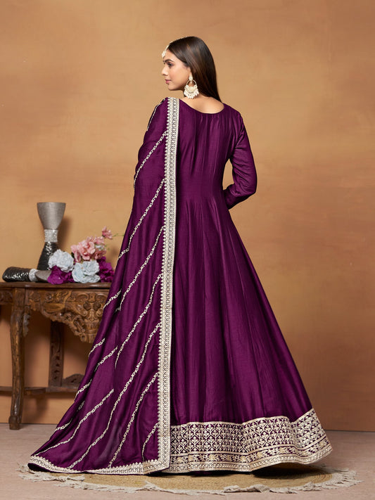 Wine Embroidered Art Silk Semi Stitched Anarkali Suit
