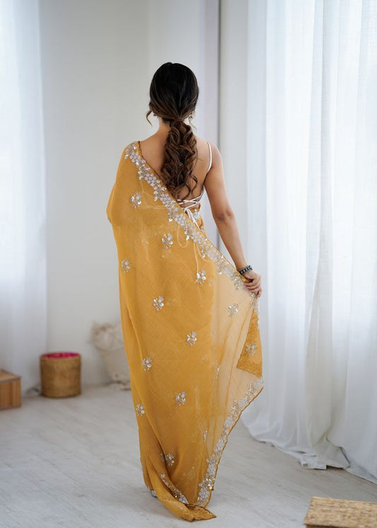 Mustard Color Chiffon Crush Fabric Heavy Designer Work Partywear Saree