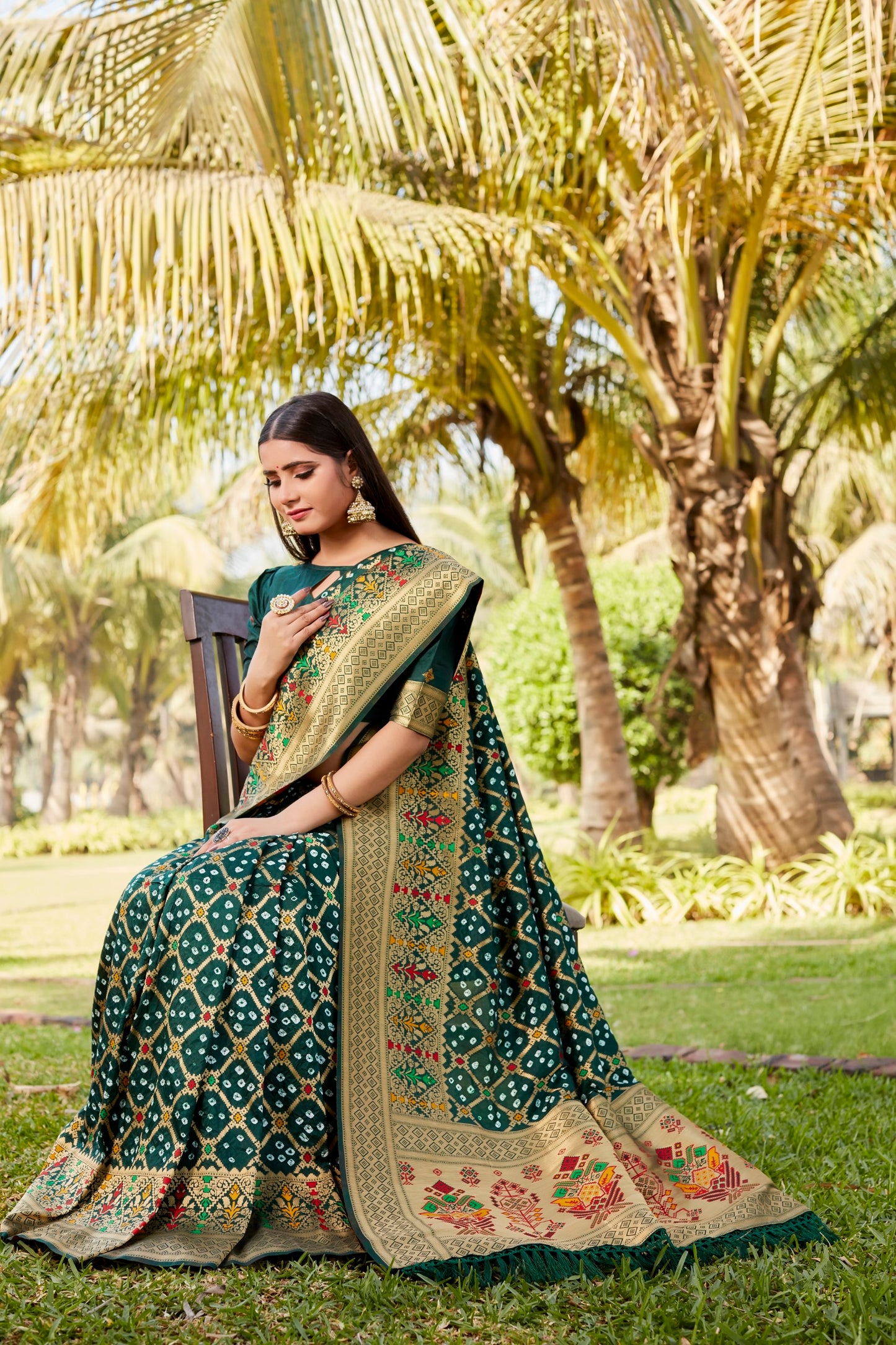 Green Woven Design Pure Gharchola Bhandhej Silk Saree With Blouse