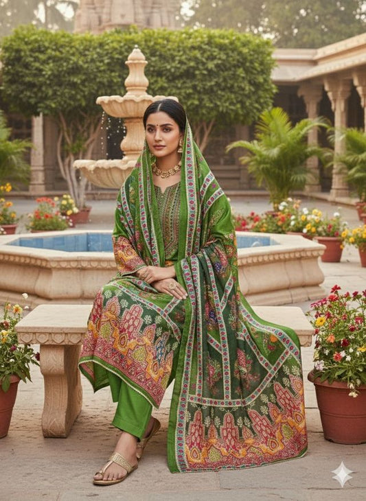 Green Color Chinon Fabric Designer Printed Ethnic Ceremonial Suit