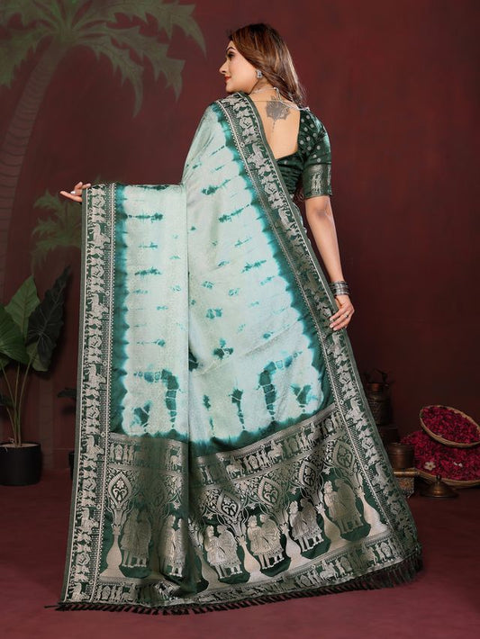 Green Color Satin Silk Fabric Saree For Ethnic Indian Looks