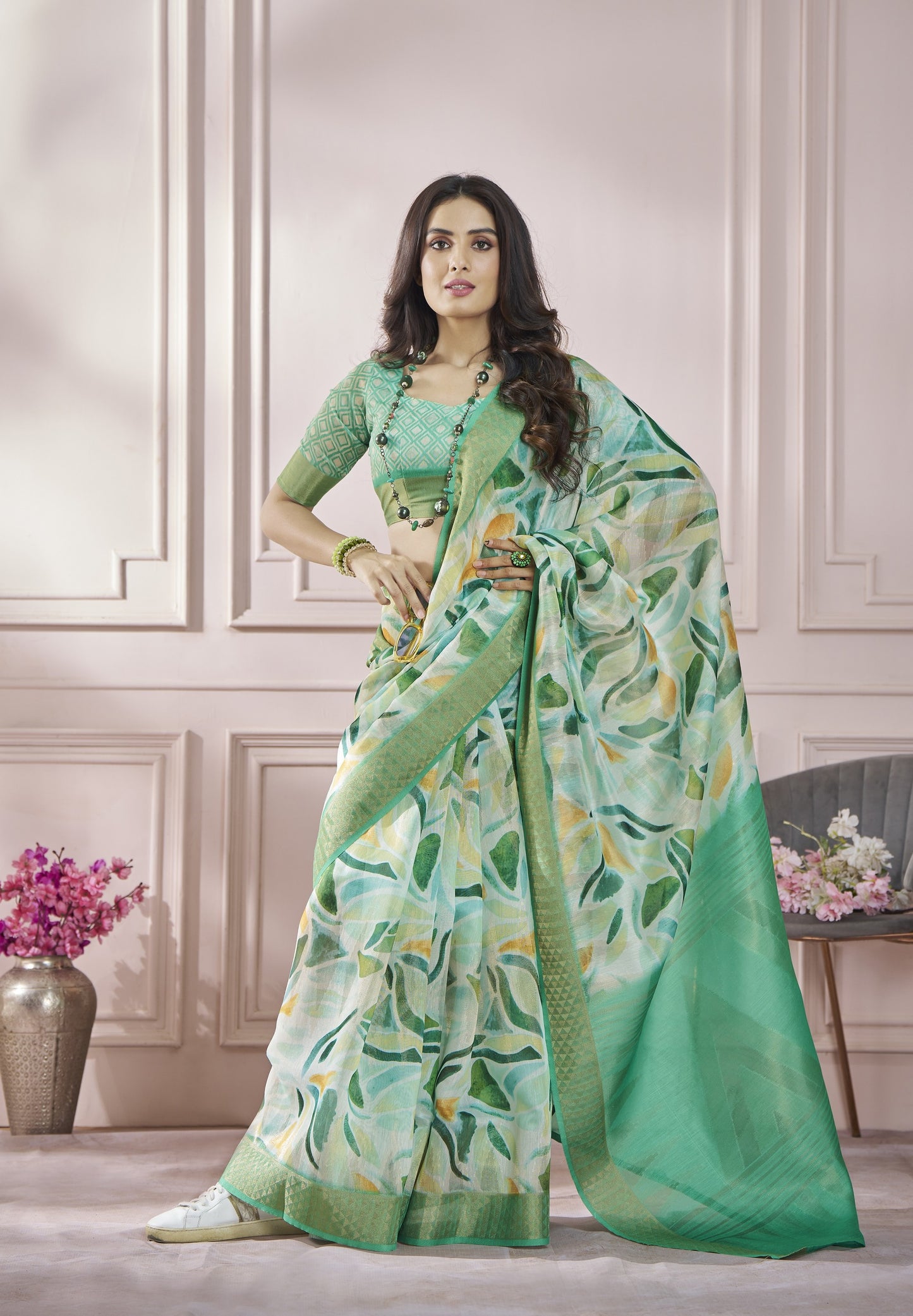 Light Green Printed Pure Modal Silk Saree With Blouse