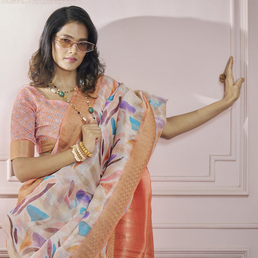 Peach Printed Pure Modal Silk Saree With Blouse