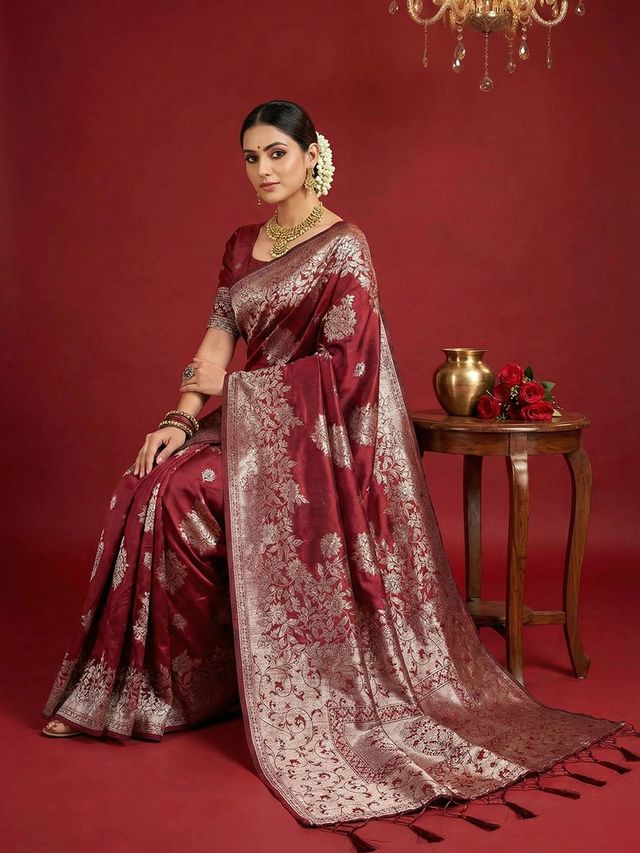 Maroon Color Beautiful Silk Blend Fabric Woven Designer Ethnic Ceremonial Saree