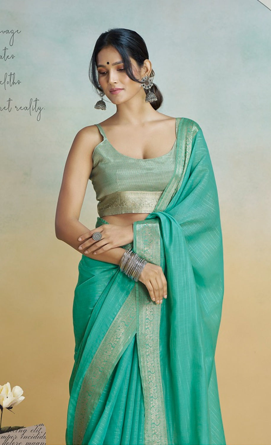 Mint handloom khadi silk zari woven work saree with blouse piece