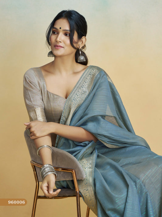Blue handloom khadi silk zari woven work saree with blouse piece