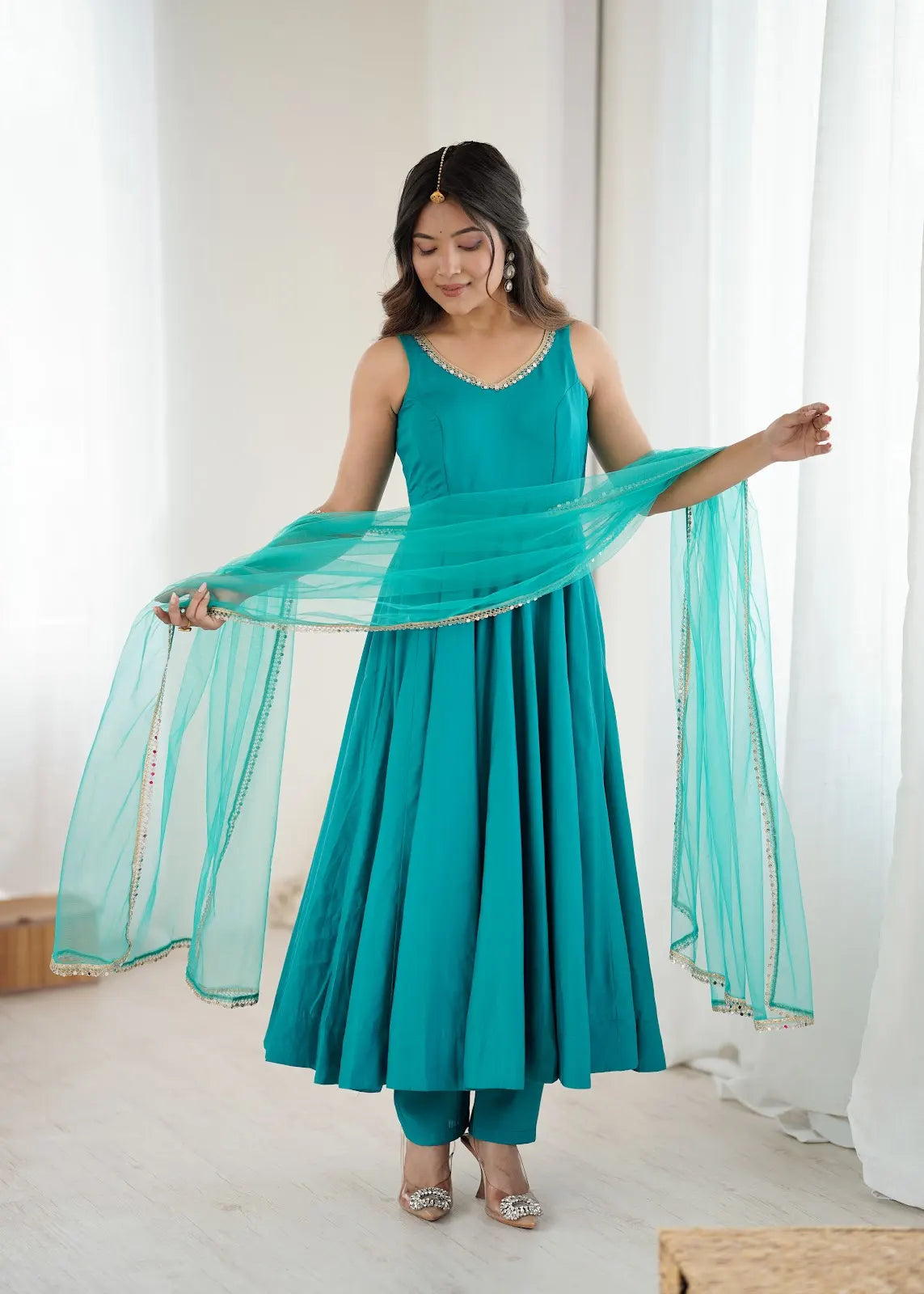 Women's Beautiful Roman Silk Chanderi Fabric Flared Anarkali Pant and Dupatta Set 285