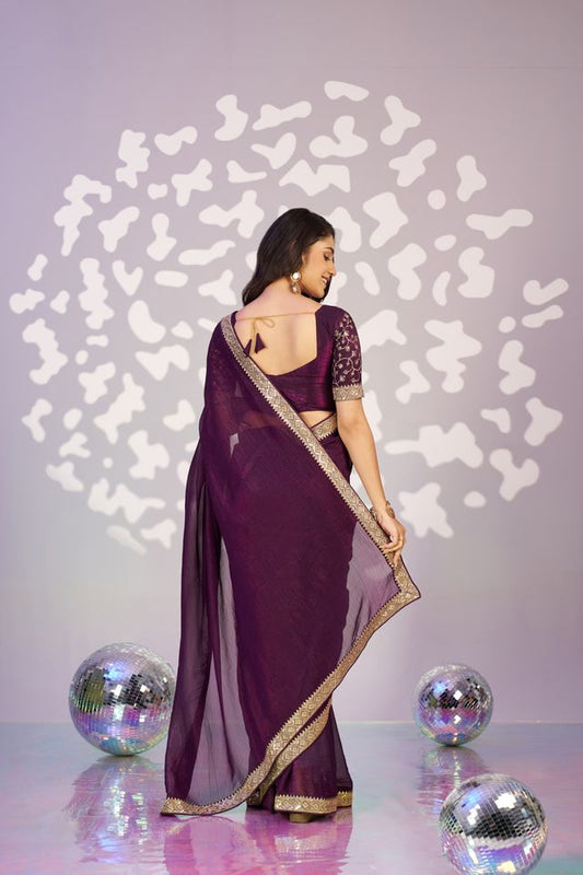 Wine Color Crunchy Fabric Embroidery Work Ready To Wear Saree