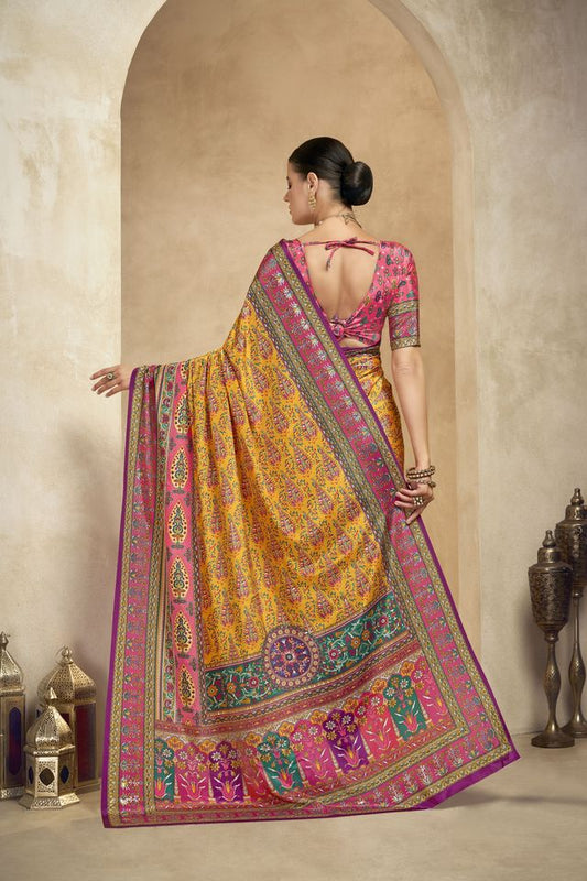 Graceful Ethnic Yellow Color Bollywood Style Crepe Silk Designer Digital Foil Printed Saree