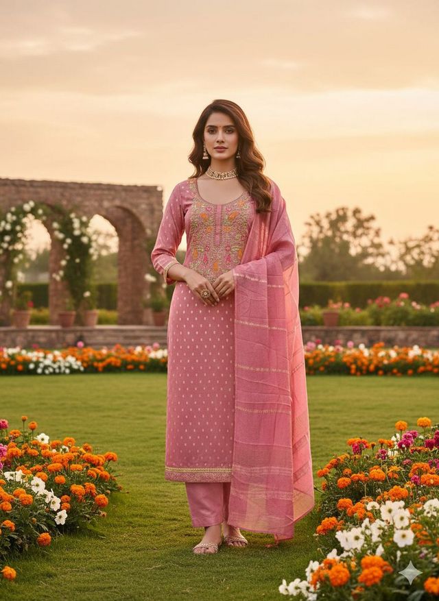 Pink Color Beautiful Shimmer Jacquard Fabric Designer Ethnic Salwar Kameez