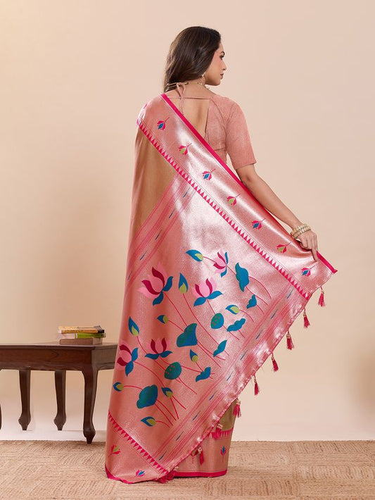 Pink Color Soft Silk Fabric Woven Jari Designer Partywear Saree