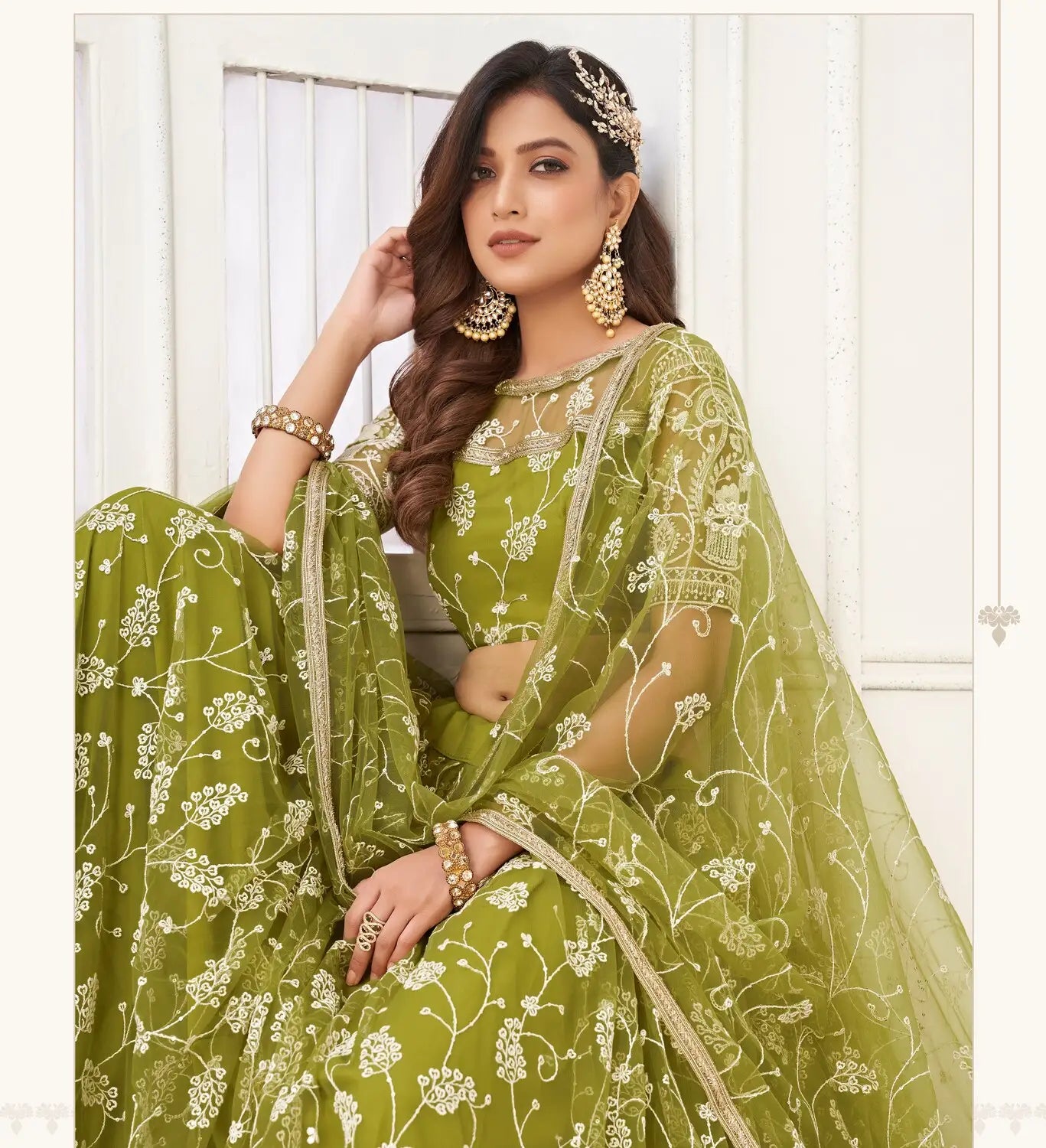 Light Green Embroidery Net A Line Lehenga With Blouse