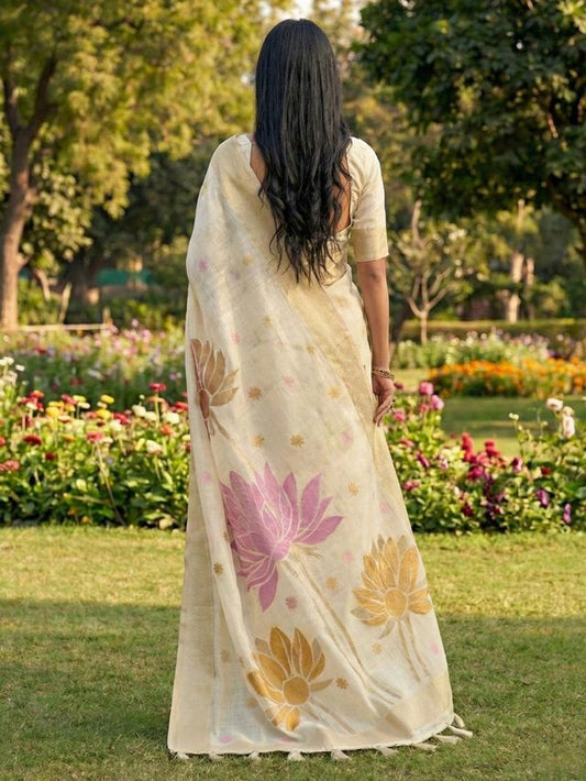 White Color Linen Cotton Fabric Woven Designer Partywear Saree