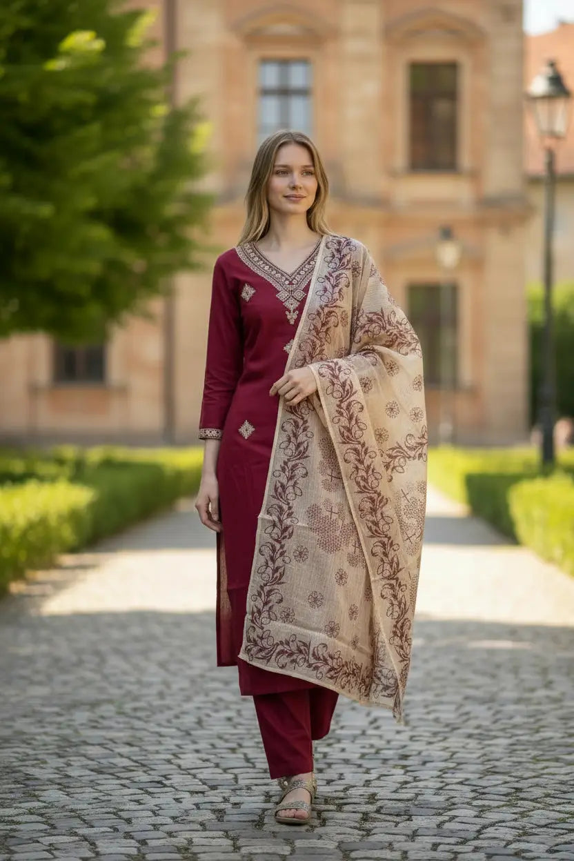 Women's Beautiful Rayon Slub Fabric Embroidery Work Straight Kurta Pant and Dupatta Set