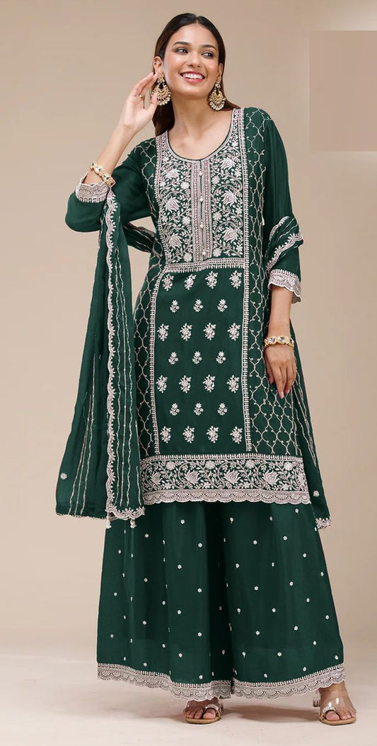 Green Color Georgette Fabric Designer Embroidered Palazzo Suit For Girls