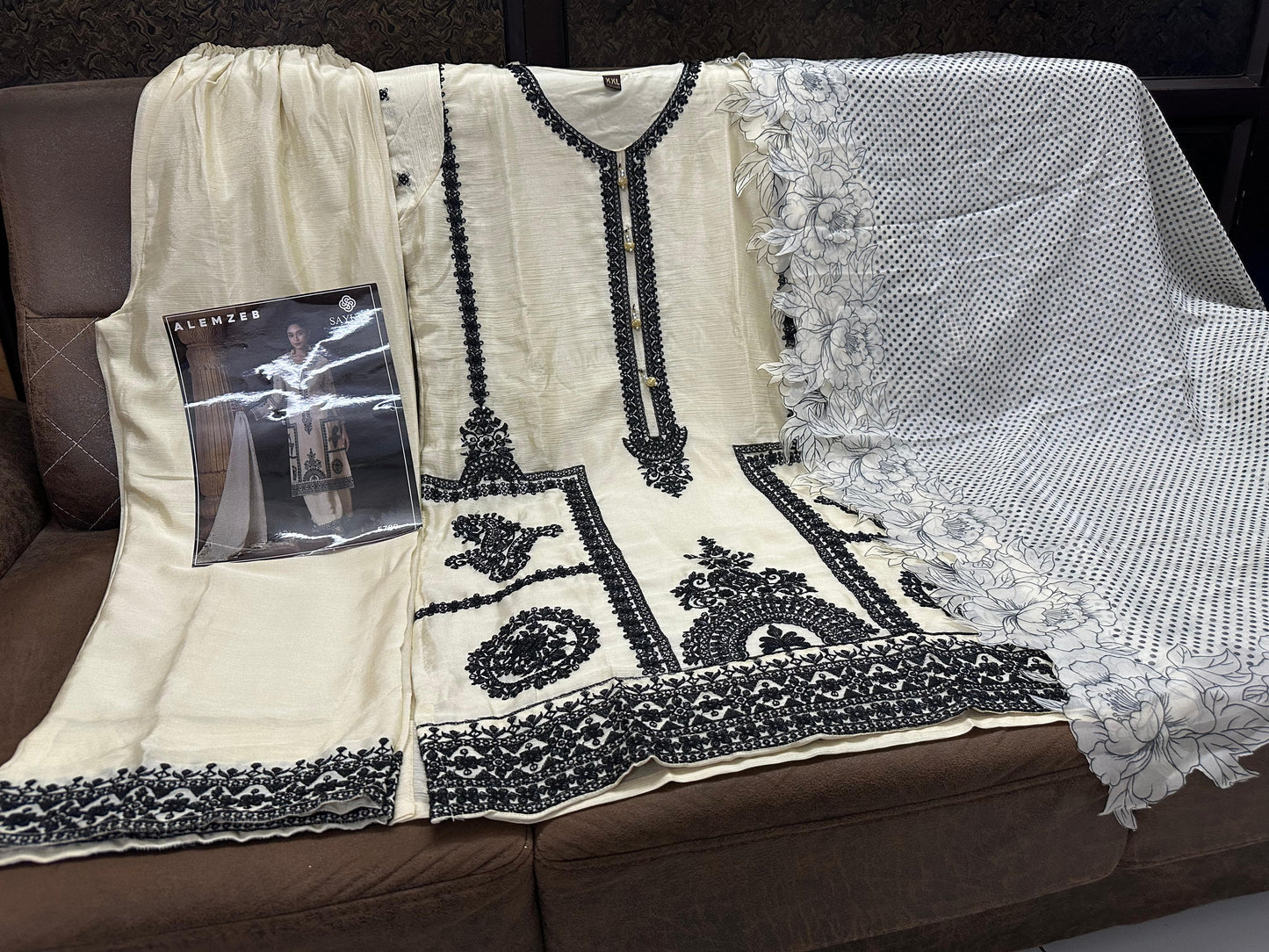 Cream Chinon Silk Free Size Upto 44 Full stitched Suits