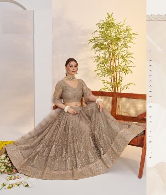Grey Heavy Embroidery Net Semi Stitch A Line Lehenga With Blouse