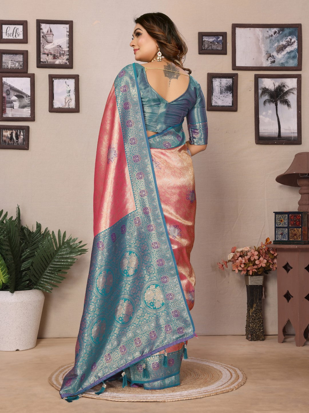 Aqua Banarasi Tissue Silk Saree With Weaving Work