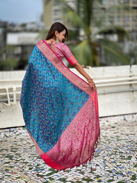 Blue Color Patola Silk Fabric Woven Meenakari Designer Saree