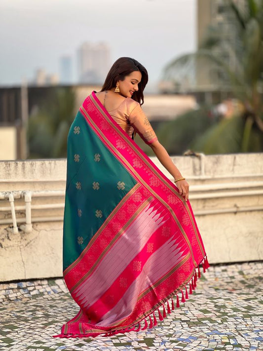 Rama Color Soft Silk Woven Designer Saree For Ceremonial Looks