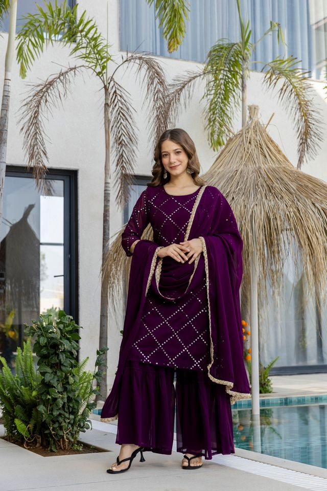 Wine Faux Georgette Fabric Beautiful Graceful Ceremonial Kurta Set