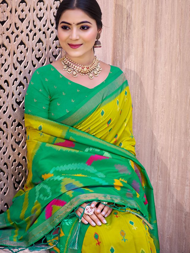 Light Green Color Pochampalli Silk Fabric Designer Woven Ethnic Ceremonial Saree