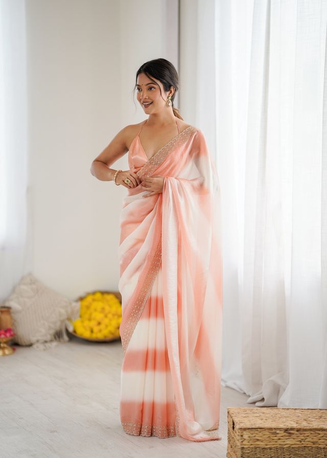Peach Color Beautiful Fendy Satin Fabric Saree With Glamorous Zarkan Diamond Work