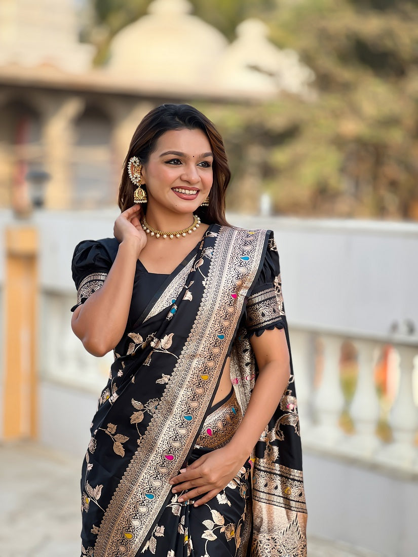 Black Soft Banarasi Silk Meenakari Weaving Saree With Unstitched Blouse