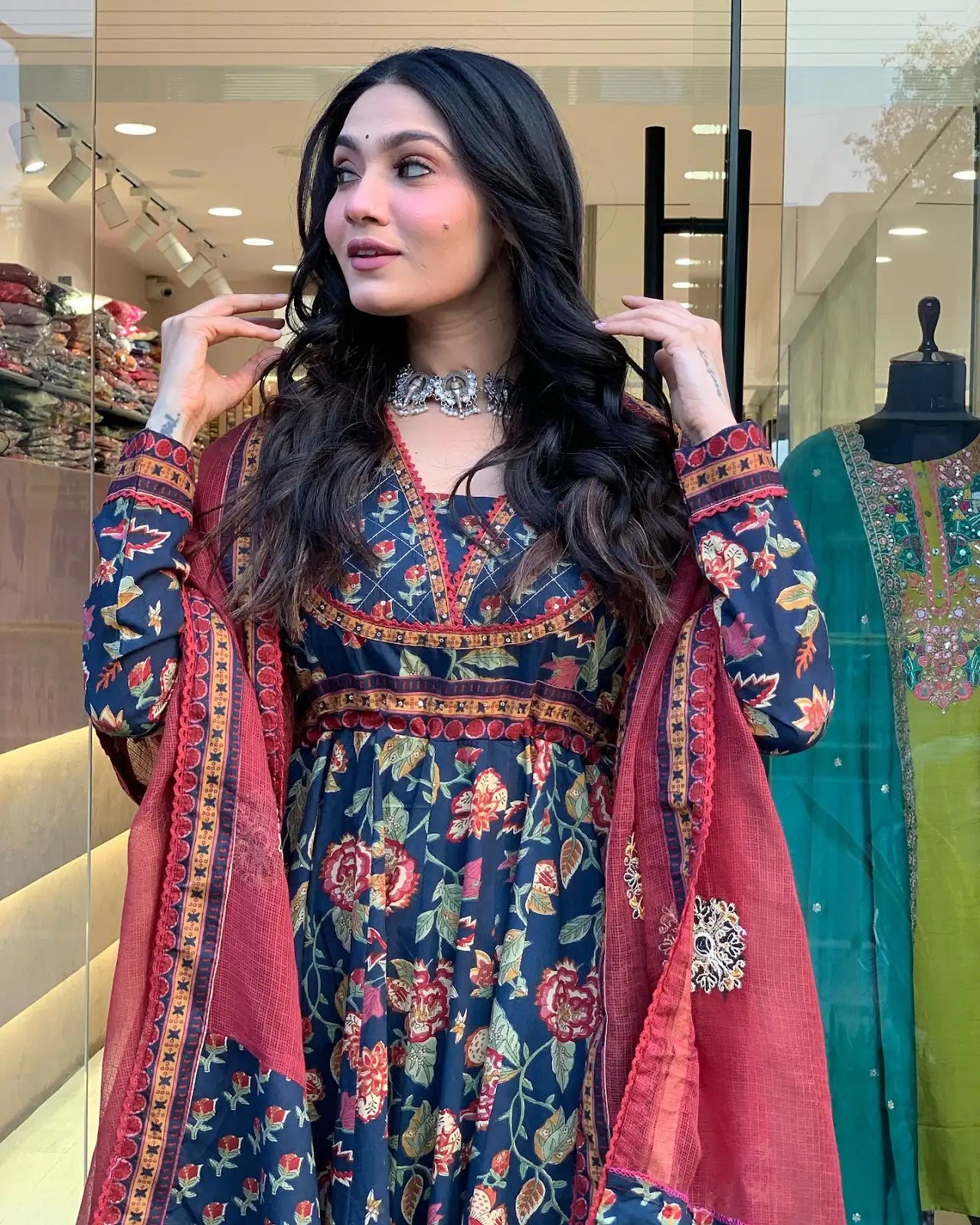 Women's Beautiful Cotton Fabric Printed Work Flared Kurta Palazzo and Dupatta Set