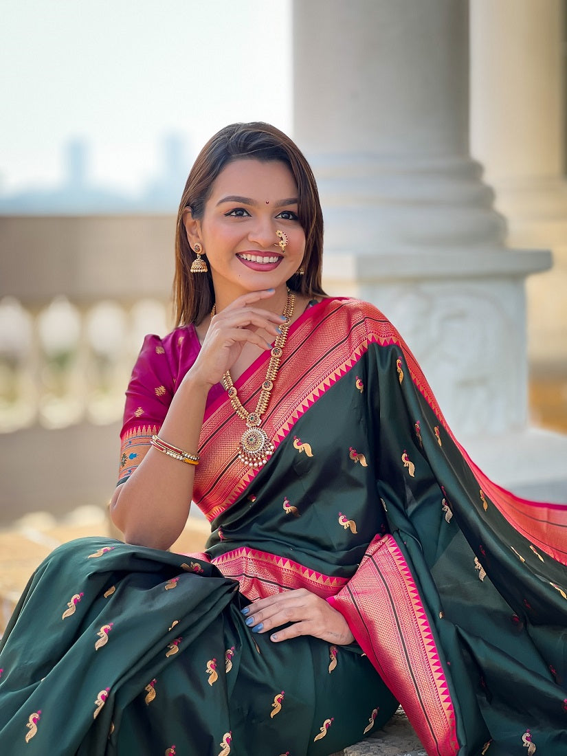 Green Soft Paithani Silk Meenakari Weaving Saree With Unstitched Blouse