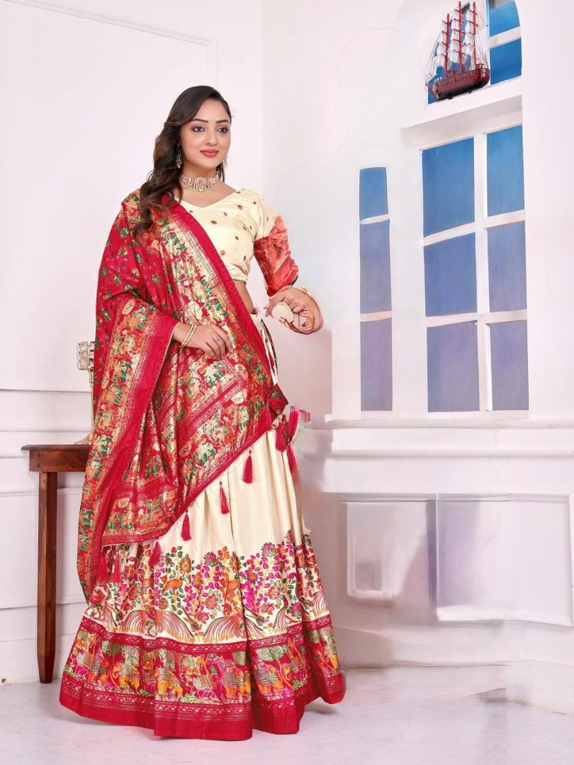 Beige patola print dola silk semi stitched lehenga choli with tassels