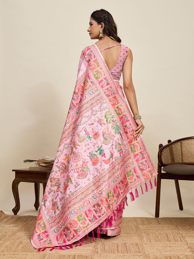 Pink Color Beautiful Silk Blended Meenakari Designer Ethnic Partywear Saree