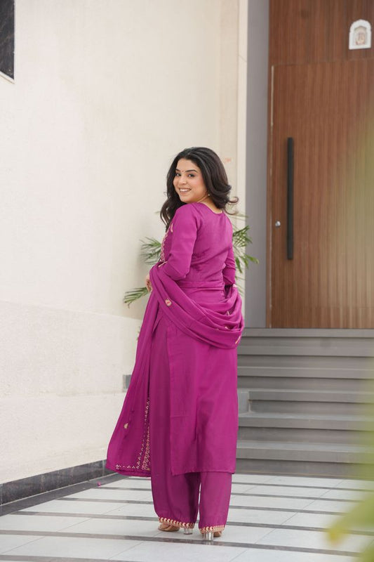 Magenta Color Chinon Fabric Designer Embroidery Work Suit for Trendy Girlie Looks