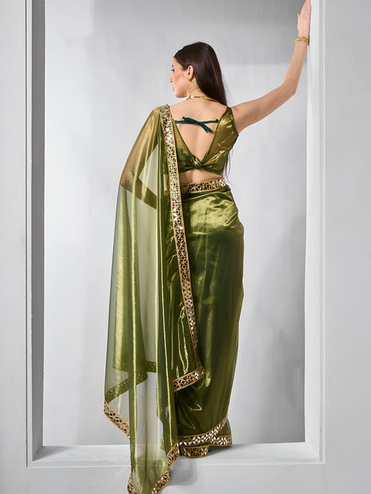 Mahendi Color Gold Twill Net Fabric Real Mirror And Coding Lace Work Work Designer Saree