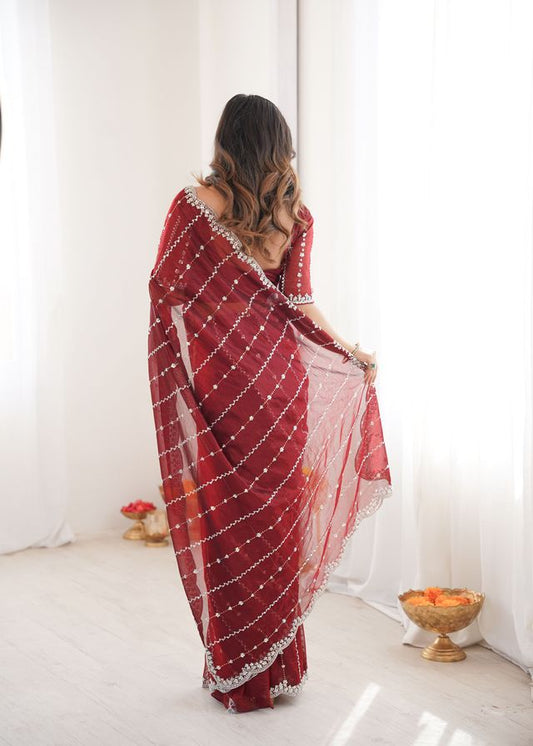 Maroon Color Twill Net Fabric Ethnic And Girlie Ceremonial Saree For Girls