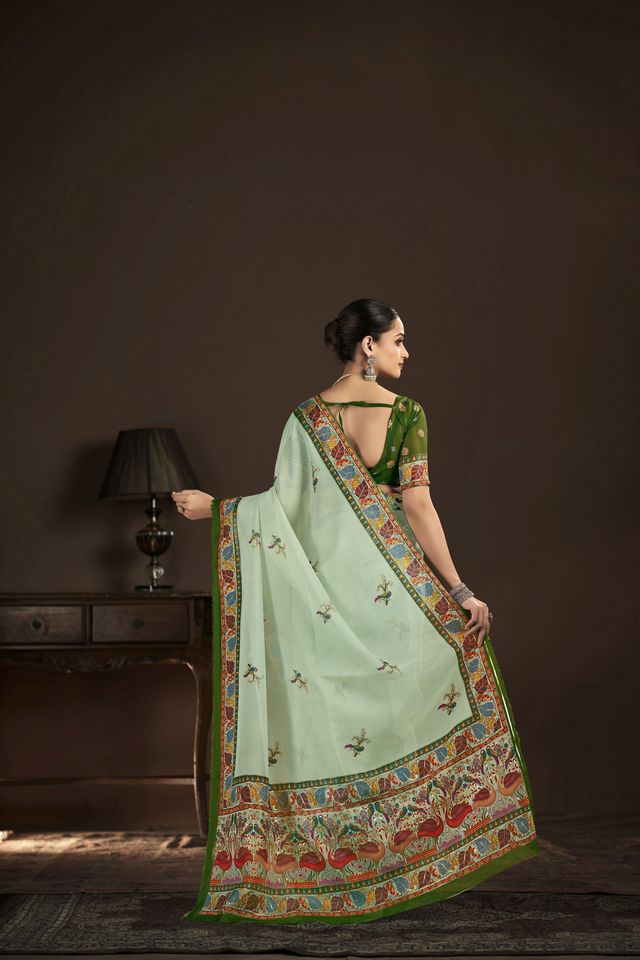 Pista Green Color Crepe Silk Fabric Designer Foil Printed Saree