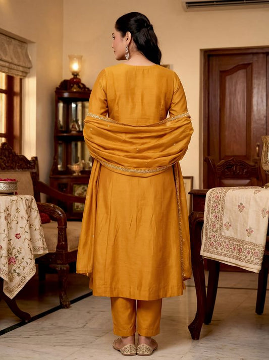 Mustard Color Beautiful Vichitra Silk Fabric Designer Ceremonial Readymade Suit