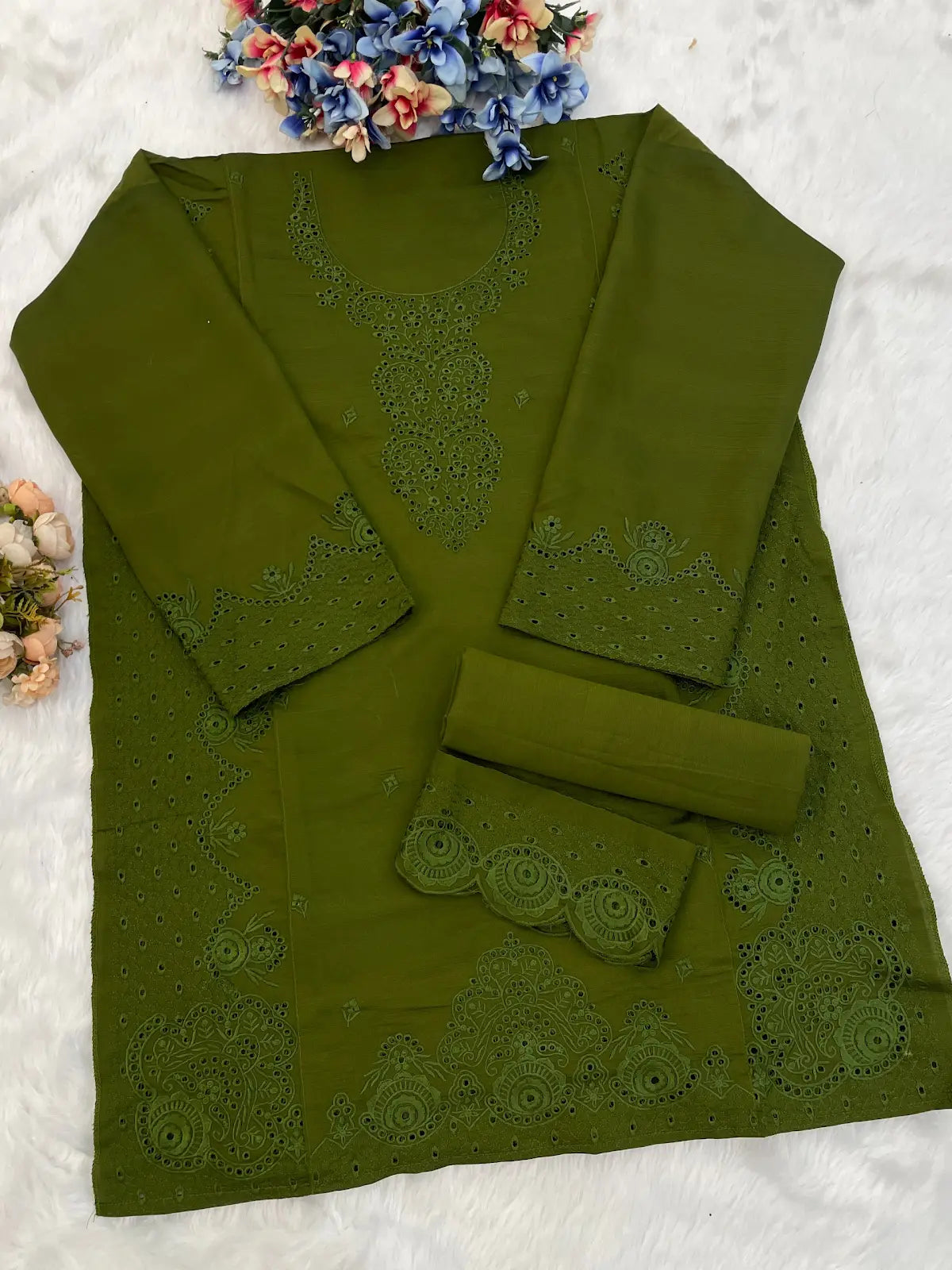 Mehendi Embroidery and Thread Work Cotton Semi Stitched Salwar Suit