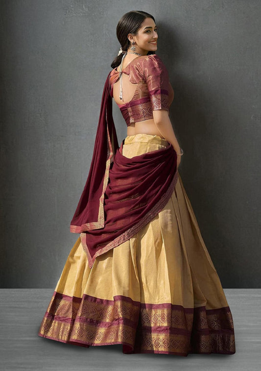 Cream South-style Kanchipuram silk lehenga With Unstitched Blouse & Dupatta