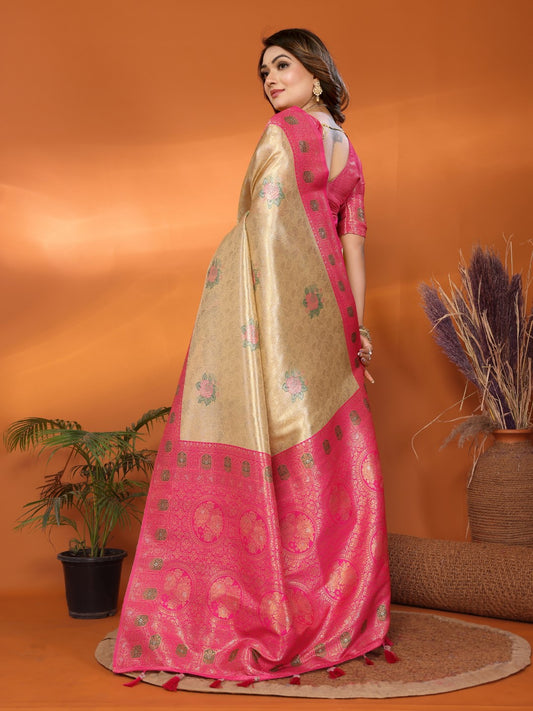 Cream Banarasi Tissue Silk Saree With Weaving Work