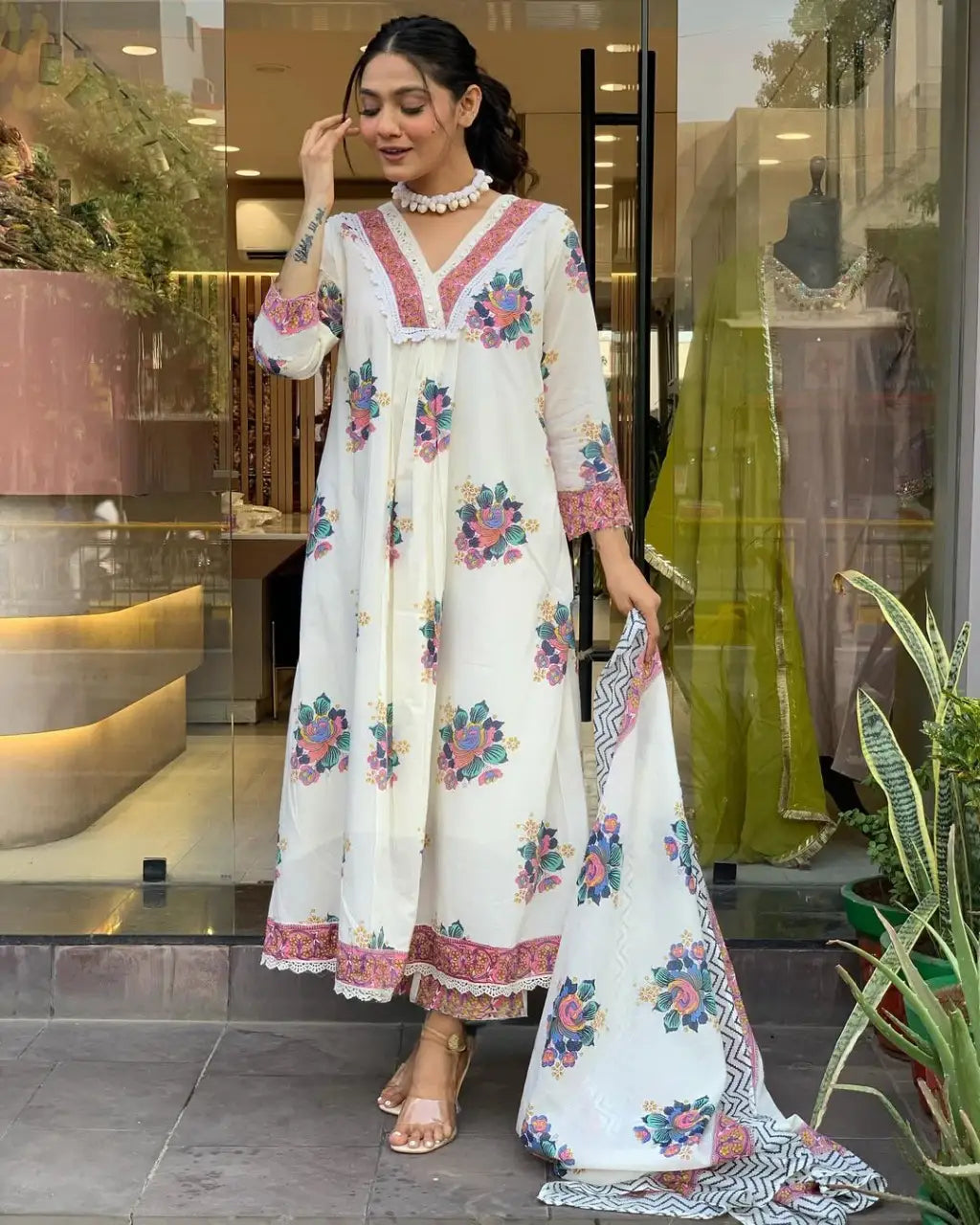 Women's Gorgeous Cotton Fabric Printed Work Straight Kurta Pant and Dupatta Set 3