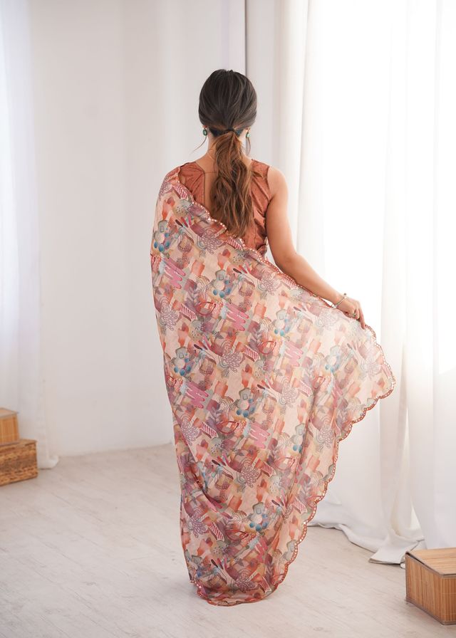 Peach Color Chinon Fabric Digital Printed Partywear Ceremonial Saree