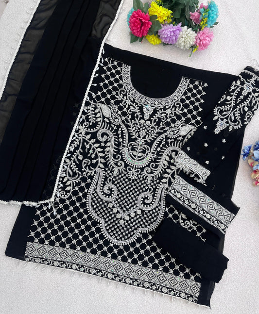 Black Georgette Semi Stitched Suit with Embroidered Beads & Sequence Work