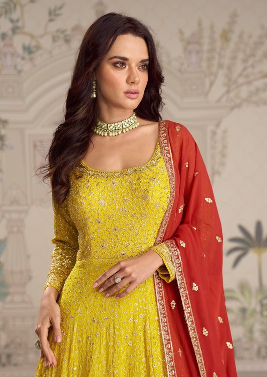 Yellow Georgette Free Size Stitced Anarkali Suit with Embroidered Sequence Work