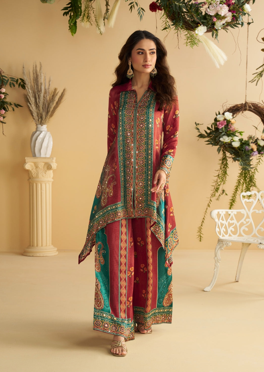 Red Real Premium Digital Crep Silk Readymade Cord Set with Mirror work