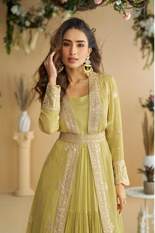 Mustard Chinon Silk Readymade Anarkali Shrug Gown with Belt & Embroidery Work