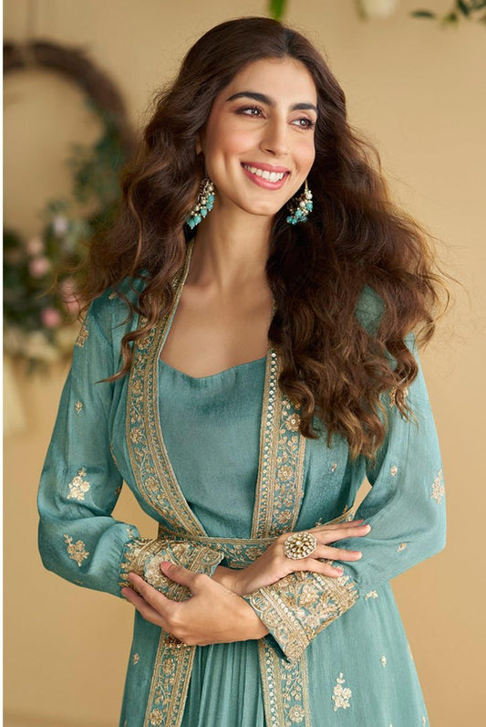 Sky-Blue Chinon Silk Readymade Anarkali Shrug Gown with Belt & Embroidery Work